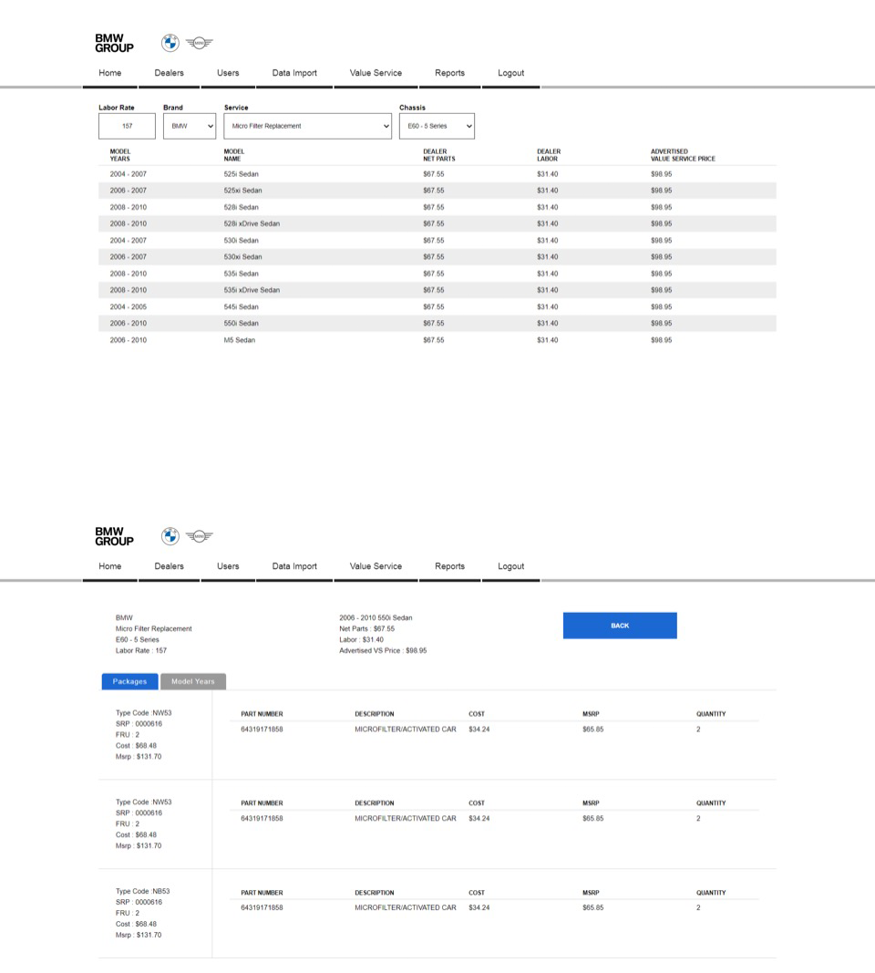 Two screenshots from the Value Service admin dashboard showing the control dealers have over their offerings.